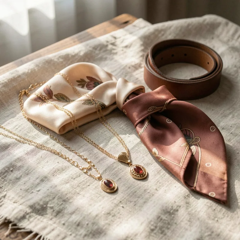 Composition de bijoux fantaisie, foulard en soie et boucles d'oreilles dorées posés sur un plateau en bois clair